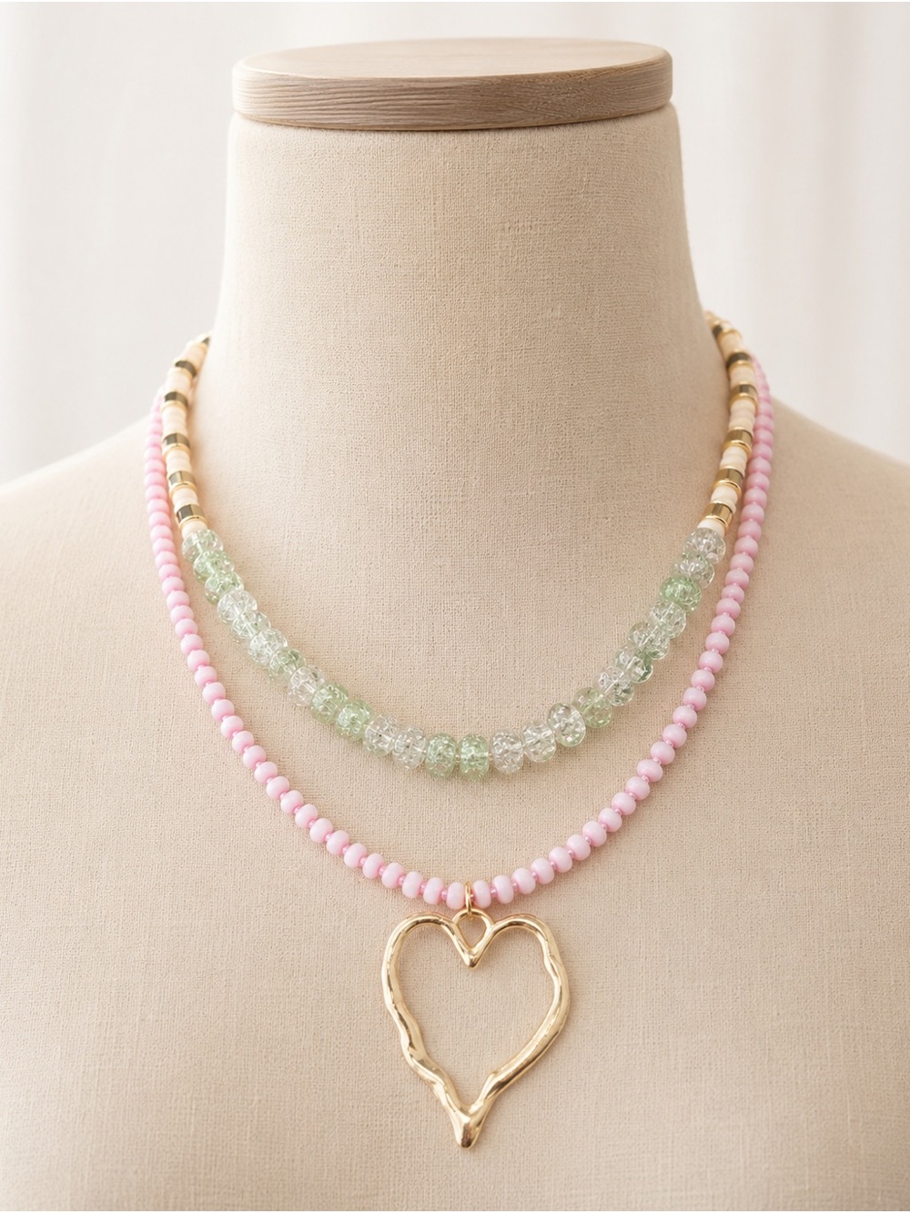 Gold Heart Layered Necklace with Pink Glass Beads and Light Green Crackle Beads